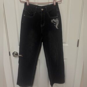 Black Women's High-Rise Straight Jeans with White Stitching
